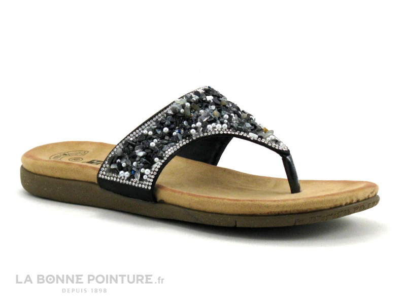 Morans KIELLA Noir - Tong Femme Large Bride Avec Avec Perles